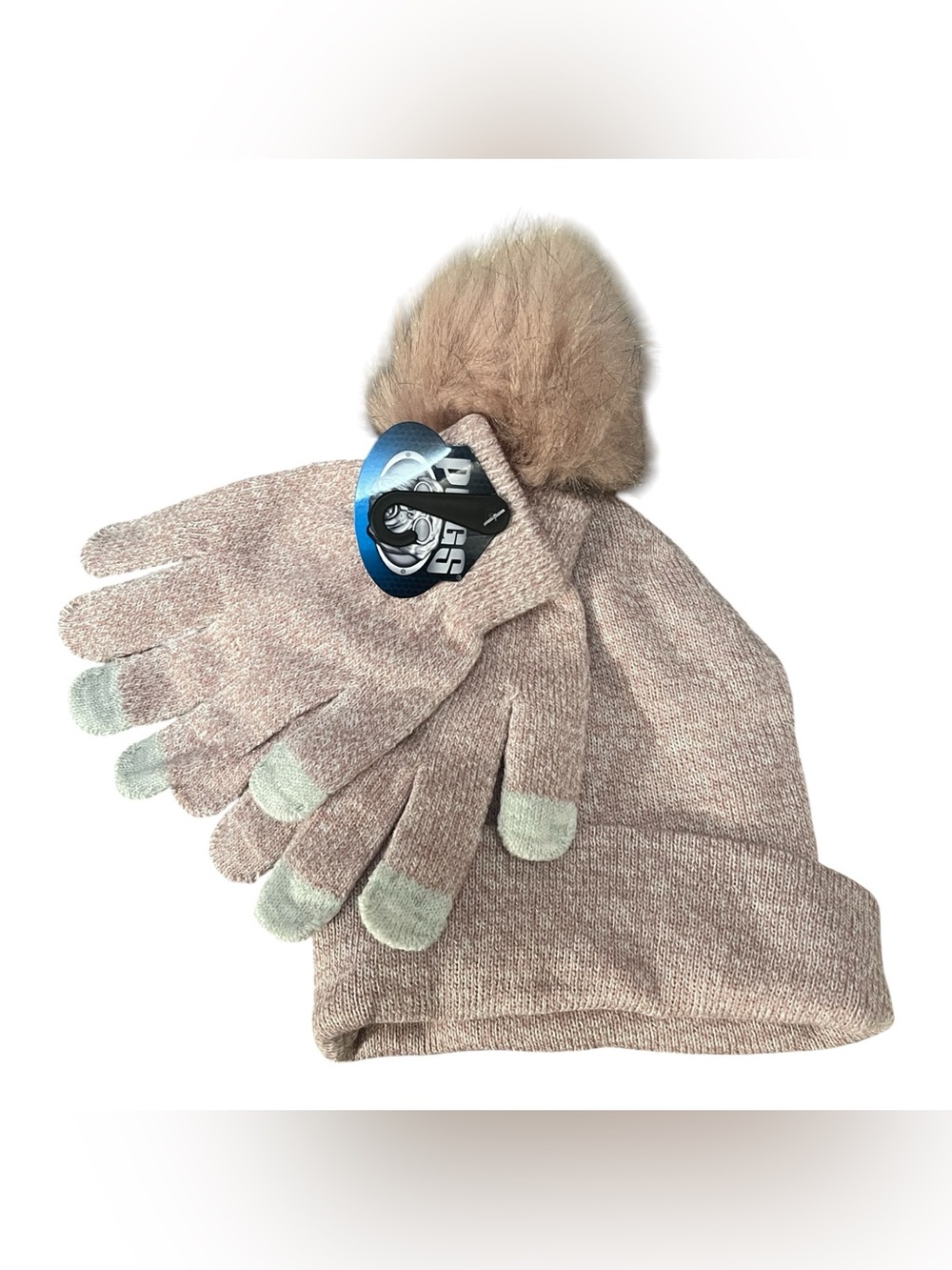 Cozy Pom-Pom Knit Hat and Touchscreen Gloves — Blush Taupe